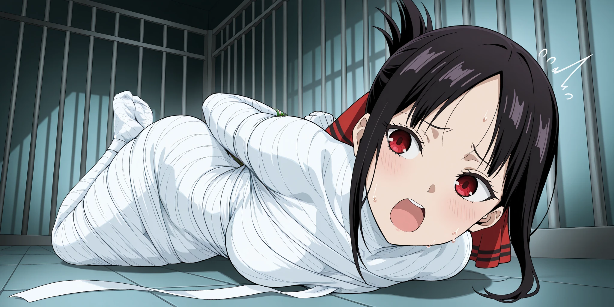 Demon slayer screencap of a female with White skin, red eyes with black, short black and white hair. The setting is dark, a dark forest. She is no wearing a kimono, her hunter uniform has an opening in the stomach and back with markings. She is using a long lance, she has bandages on her legs, arms and neck and injuries on her face. Ufotable studios season 4 screencap.