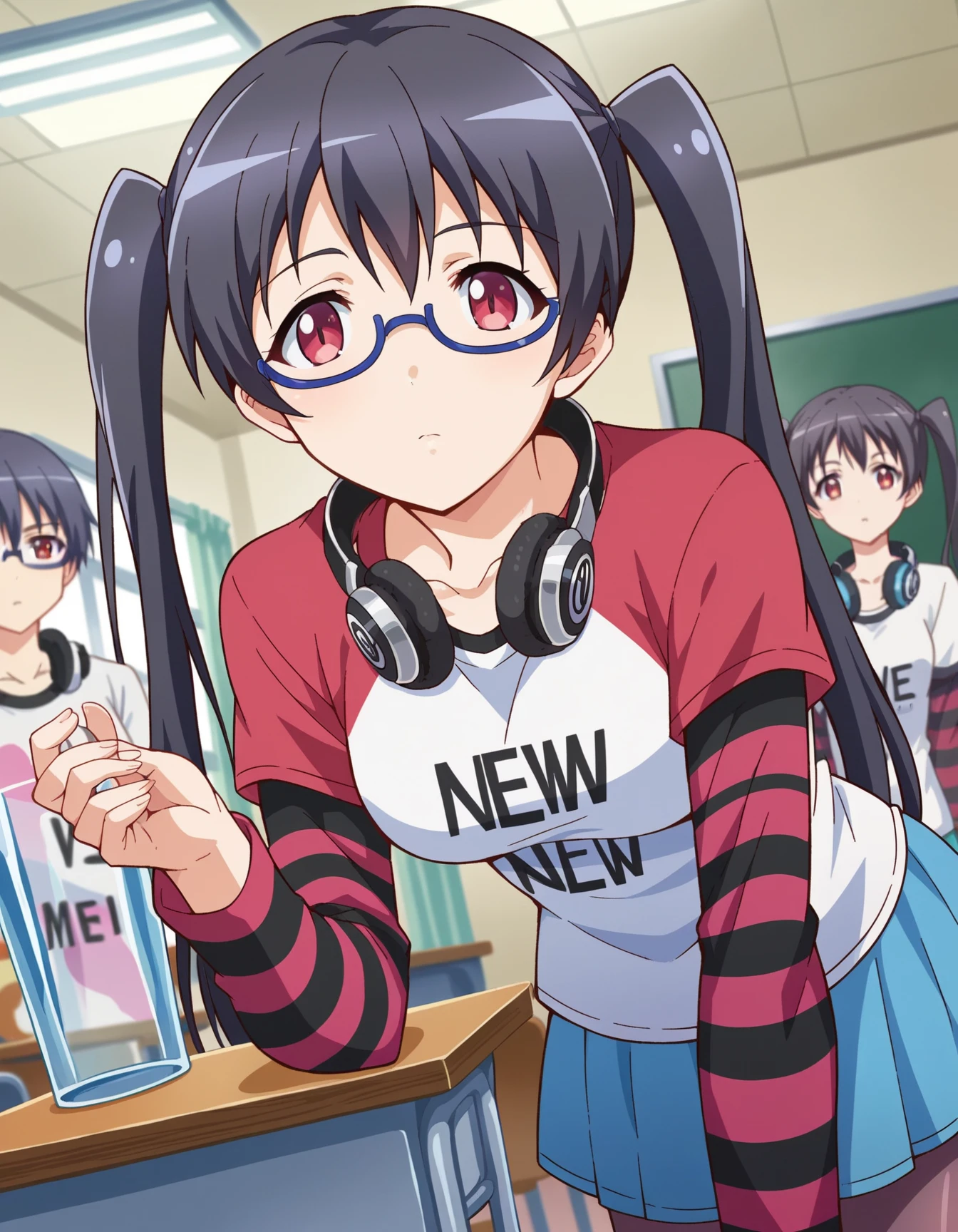 (masterpiece), best quality, expressive eyes, perfect face, Anime style, Anime poster, carousel, arcade, young little girl, huge breasts, short height girl, black-haired, twin Braided hairstyles, geek glasses, smiling