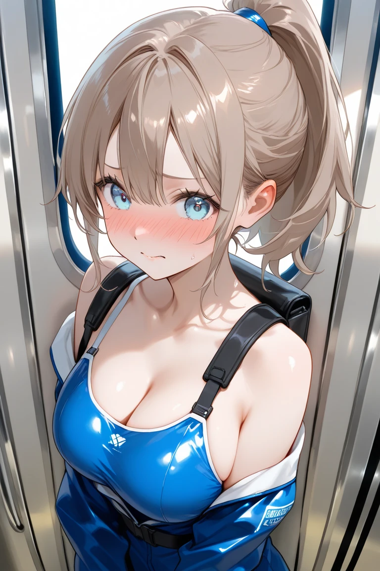(Blonde,Long twin tails),(Very curled hair,Blue ribbon,Bright blue eyes,freckles),(mega breasts),BREAK,nsfw,((fisheye distorted lens)),Peephole viewpoint,(locker room),side view,(looking away:1.5),change of swimwear