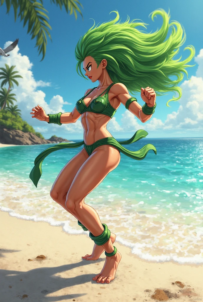 masterpiece, best quality, 1girl, alone, breasts, green eyes, looking at viewer, medium_breasts, full body, standing, ((hands on waist)), (thin waist), wearing green bikini, on the beach , green hair, (Tatsumaki: 1.7), beautiful thighs, faithful to the anime, muscular belly, barefoot, ((focus on the beautiful muscular thighs))