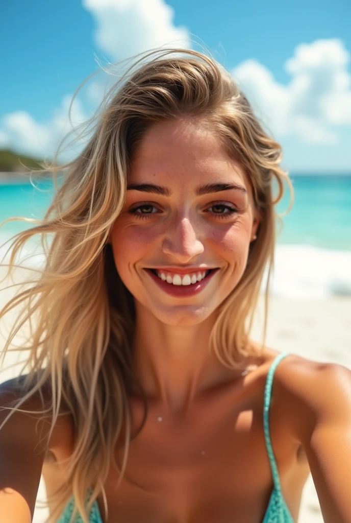 (5 mm fisheye lens)1 woman, 23 y.o., American, Beautiful, ((upper body selfie, happy)), Beautiful backlight,masterpiece, Best quality, ultra-detailed, only, cheerful, happy, Comfortable. clear sky, analog style (looking at viewer:1.2) (Skin texture) (film grain:1. 3), (warm hue, warm tone:1.2), Close, cinematic light, side lighting, Ultra-high resolutions, Best shadows, ..RAW, upper half of body, wear red swimsuit (Half-cup bra), Relaxed and intimate photos, blond hair, outdoors, ibiza hotel landscapes. blurred background.