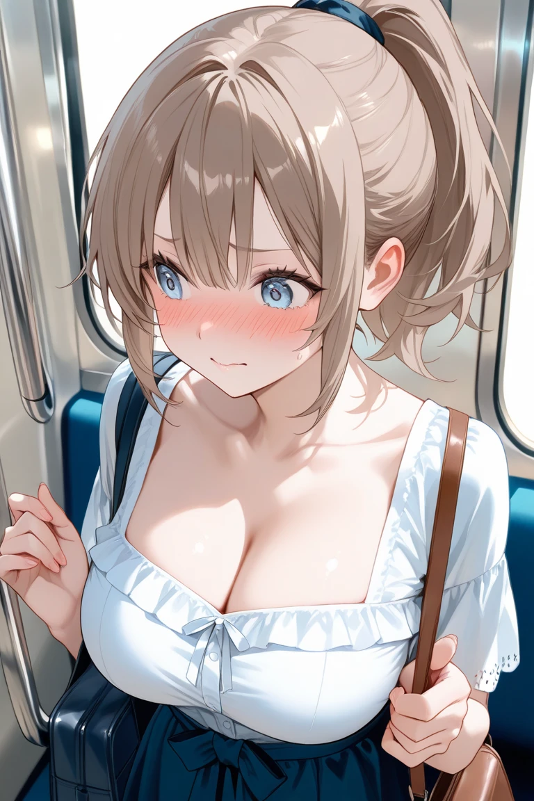 (A Girl sitting with slightly open legs on a bus while showing her white lace thong under her skirt: 1.6), hairy pubic hair, embarassed reddened face, embarassed smile, (giant tits and giant cleavage: 1.6), twintail blonde hair, teal eyes, Unbuttoned white shirt, Red ribbon necklace, blue pleated skirt, White lace bra, white lace thong, downtown city landscape