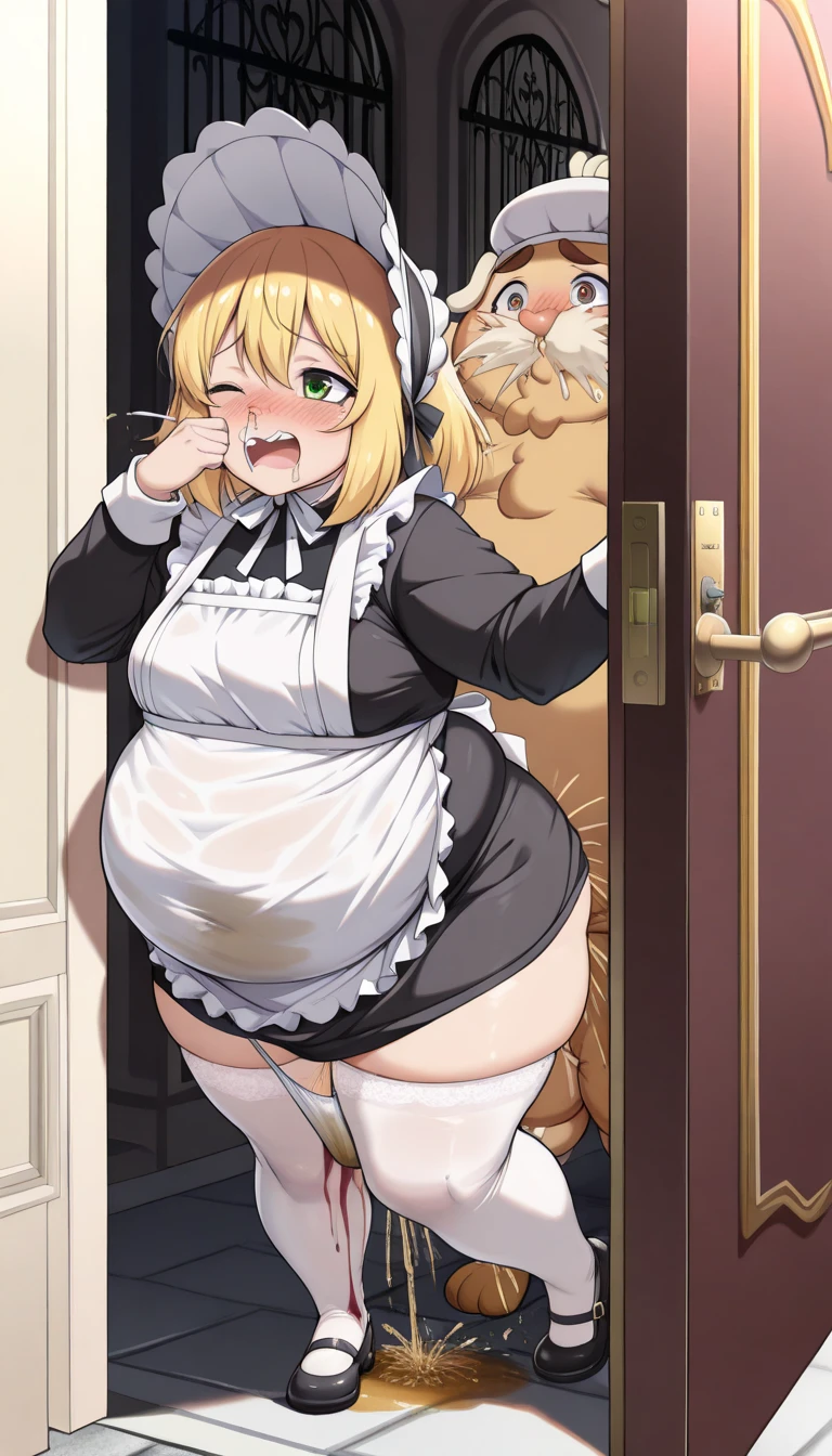 masterpiece:1.2, best quality, highly detailed eyelash:1.6, highly detailed eyes, sharp details, high contrast, chubby, [[overweight]], [thick body], massive breasts, milfy face, Anatomical, Award-winning concept art, fine details, ultra detailed, masterpiece, best quality, 1girl, full body, volumetric lighting, dynamic angle, very detailed background, side view, kemono, furry, very fuzzy, furry breasts, (((Chocolate Brown fur))), (((bald))), Dark Brown fur on face, (((long bear snout))), (long snout), fur tufts on legs, fur tufts, very cuddly, ((Bear)), ((Small circular Bear Tail)), Round Bear Ears, Bear Kemono, 1 chubby shy bear kemono inside in a french maid suit, lacy hairdband, Shy, nervous expression, Gray eyes, Soft eyes, detailed face and eyes, big breasts, full body, Dynamic Angle, volumetric lighting, inside, living room, sitting on sofa, looking away from viewer, (pastel colored maid suit), fully clothed, skirt, thigh highs, skindentation, [[gigantic]], [delicious tummy], detailed clothes