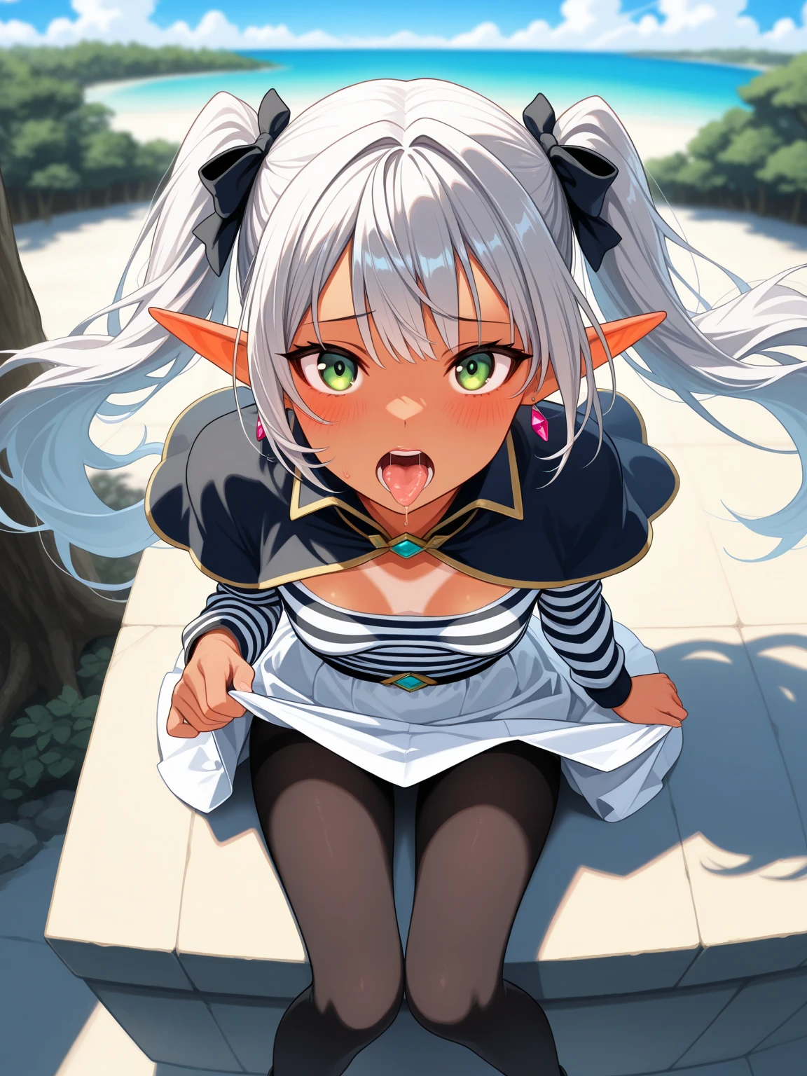 masterpiece, high quality, ultra detailed, highres,
fino bloodstone, 1girl, blonde hair, long hair, blue eyes, elf ears, large breasts,
white dress, off shoulder, white panties,
outdoor,
disgust, embarrassed, evil grin, fang, open mouth, blush,
squatting, cowboy shot, looking at viewer, <lora:Bloodstone_Fino-000017:1>