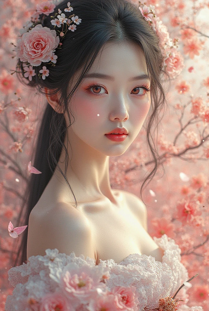 (masterpiece,Highest quality:1.4),(8k,RAW Photos,Photorealistic:1.4),Ultra-high resolution, ,(Glowing Skin:1.4),Detailed肌,Detailed顔,Detailed目,(Beautiful and shining eyes:1.2),Symmetrical eyes,Detailed耳,One person,Natural Makeup,(((Japanese Idols))),(Japanese Face),Detailed背景,Vivid background,、Peach Blossom Garden、Fairy、Beautiful and shiny hair,,((Average teenage breasts)),Ultimate cuteness,(Detailed Female Hermit、Colorful, sheer, fantastic costume、chinese movie),,((Sharp Face)),Natural light,,(Very detailed ,Trend design for 2024,online shopping,LUMINE® Market,),Emphasized breasts,Upper Body,,(Detailed,Location was great.),,、Green Eyes、Sexy Style