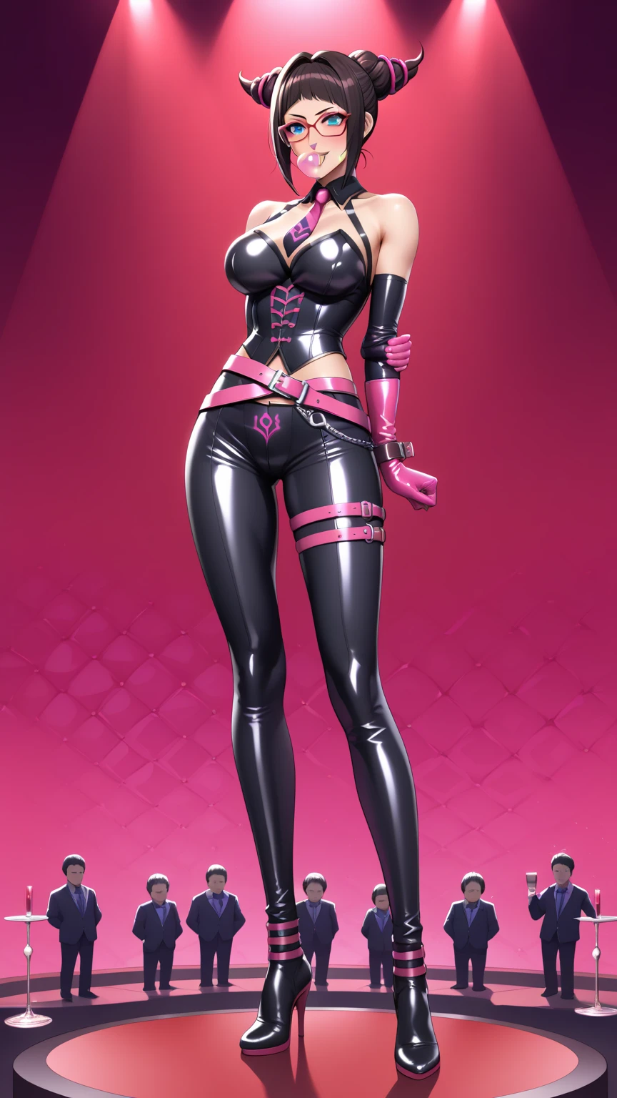 girl, , short shoulder-length hair, pink hair color, a cartoon character with pink hair and a black outfit, danny phantom, villainess, bubble goth, harley queen, powerpuff girls style, harley quinn, jinx from league of legends, style mix of æon flux, jinx from arcane, she has pale blue skin!!!, inspired by Bruce Timm, lady gaga is harley quinn, as a retro futuristic heroine, add a text graffiti "DOLORES_E36"