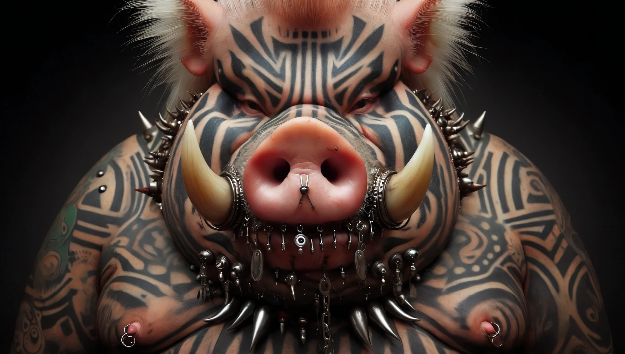 Close-up Photograph: Mythic Legions Raging Obese Albino Pig-Tattooist; Tribal Boar-Shaman; full-body piercings; arafed pig with horns and piercings on its face, body modification, heavy body modification, tribal piercing and tatoos, ultra realistic concept art, extremely sharply detailed, “pig, ritualistic tattoos, pig, half pig, ultra - realistic and intricate, warrior piglet, extremely detailed and realistic, hyper realistic digital art