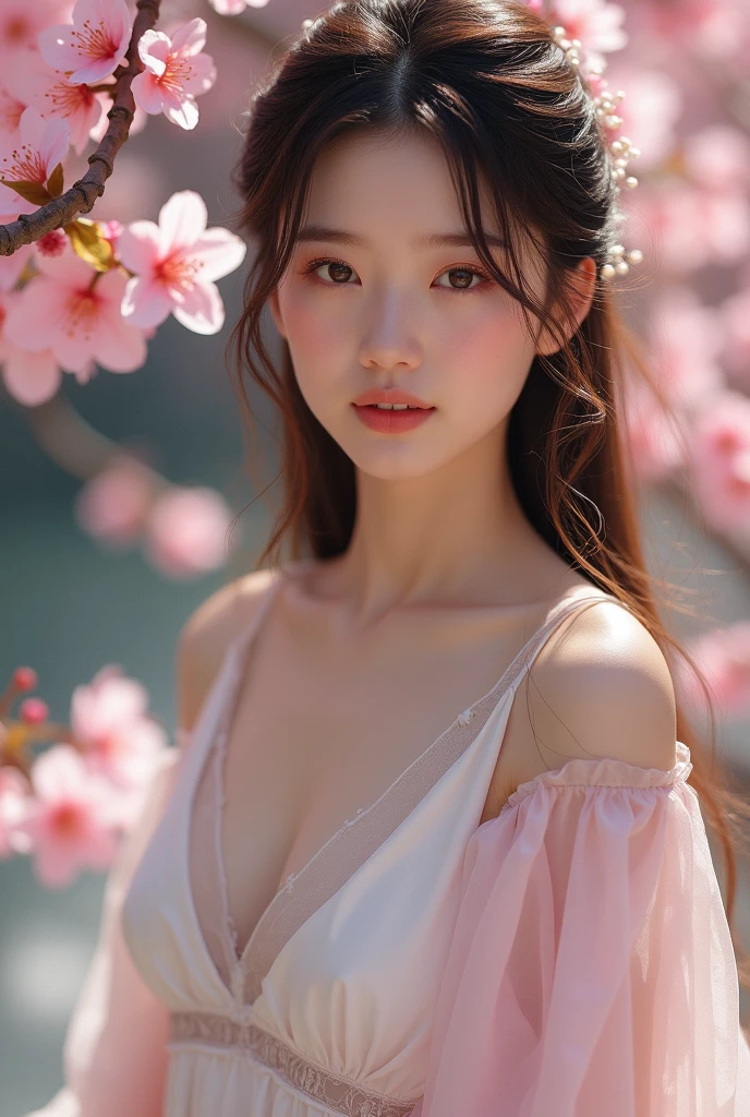 ((very detailed CG)), ((8k)), beautiful maiden, flowers, suit, peach blossom, peach blossom Forest, a girl, beautiful face, long