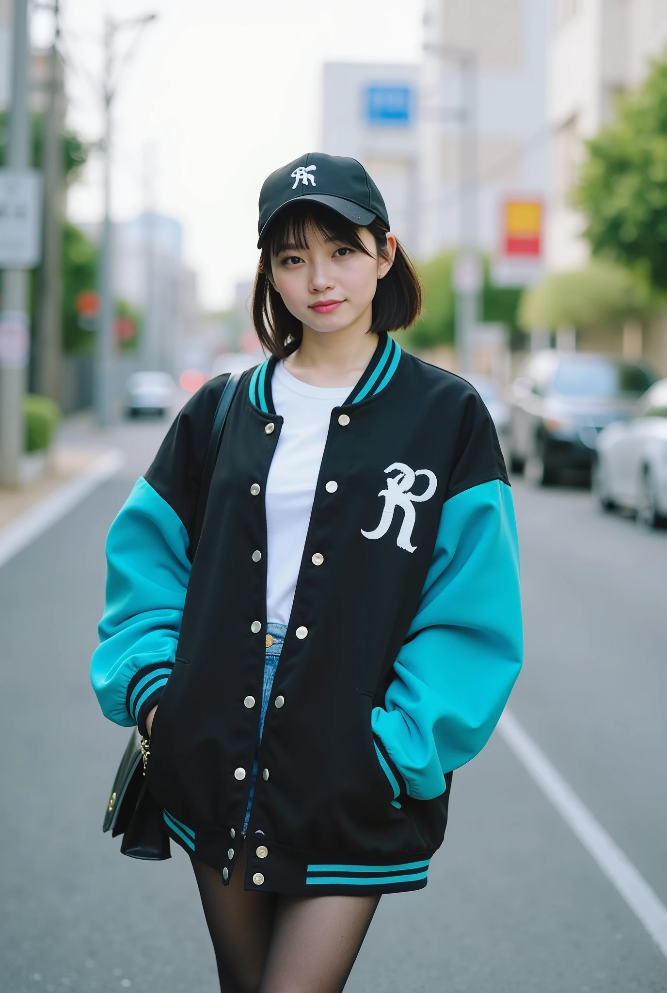 4k, realistic, HD, kanna seto, casual photoshoot, posing, neutral facial expression with a confident smile, casual clothes, oversized black varsity jacket with teal blue accents, white tshirt, black baseball cap, denim shorts, black pantyhose, black nike running shoes with teal accents, black small girly sling bag, standing in front of a street in Harajuku, taken with a Canon EOS 5D Mark II with a vintage lens, scene appears to be like a photoshoot for a fashion magazine, no text