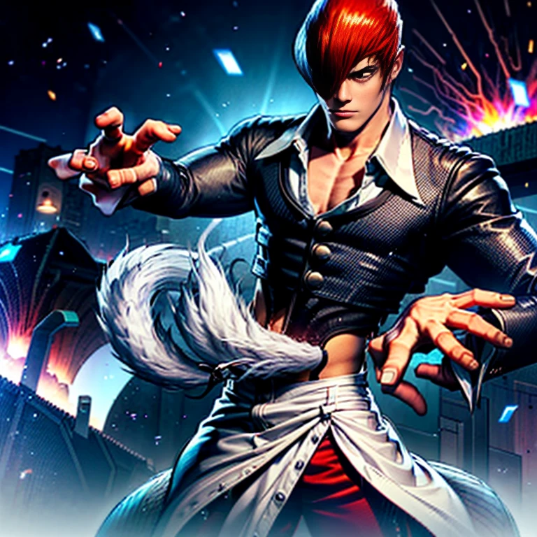 One hand is held like a cat、(Perfect details,masterpiece, Good details),(良い照明 Perfect details, Perfect eye details, Perfect anatomy details,(Iori Yagami, King of Fighters,), Iori Yagami, KOF,(original design:Yagami-an,),A perfect move with no mistakes, エラーのないPerfect details, Excellent anatomical details, Redhead,Sharp Eye