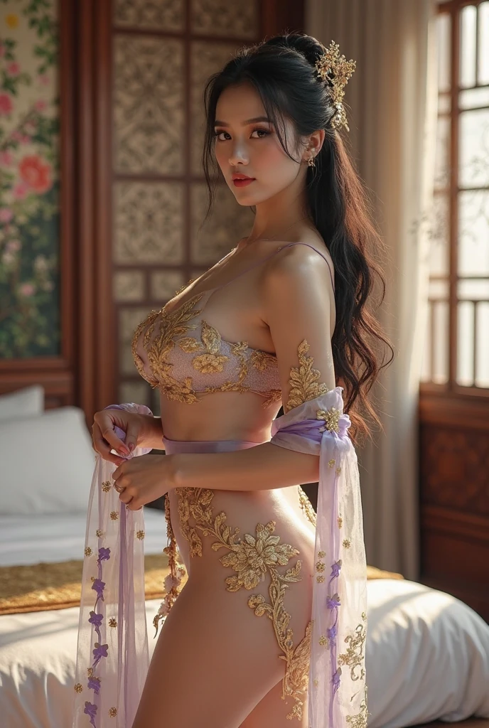 ((Backshots)),((on back))、(NSFW)、((Turn your buttocks))、copulation OK、Hope at the end of the hand、((One of the poses of a sexy model with protruding breasts.5)), ((Sexy model pose with buttocks sticking out))、(From below, focus on the ass:1.4), (Cowboy Shot), Pose showing your buttocks to the screen、 ((big butts))、((Big ass))、(Sexy round big ass)、((Underwear that digs into the buttocks))、((A smile))、looking down at viewer,Surrealist portraits of women by David Hockney and Alphonse Mucha,((ultra gigantic tits))、((Upper body naked))、( Exposed)、((jungles))、((falls))、((Engaging pose))、Fantasyart、(((Brown hair)))、brown haired、((Sexy embroidered white and golden lingerie costume))、((Fine white and gold lingerie with sexy embroidery))、((High quality white and gold lingerie with less fabric embroidery))、Sexy embroidery beautifully embroidered on white and golden lingerie,Decorated with fine lingerie and fine jewelry with fine embroidery,photographrealistic,动态照明,art stations,poster for,Volumetriclighting,extra detailed face,4 k'',((Colossal tits))、With diamonds,Sexy thighs,exposing the abdomen ,Chest 1 Girl, In the Dark, deepshadow, low tune, Cowboy Shot,(official clothing:1.4), The eyes are confused and seductive,legs separated