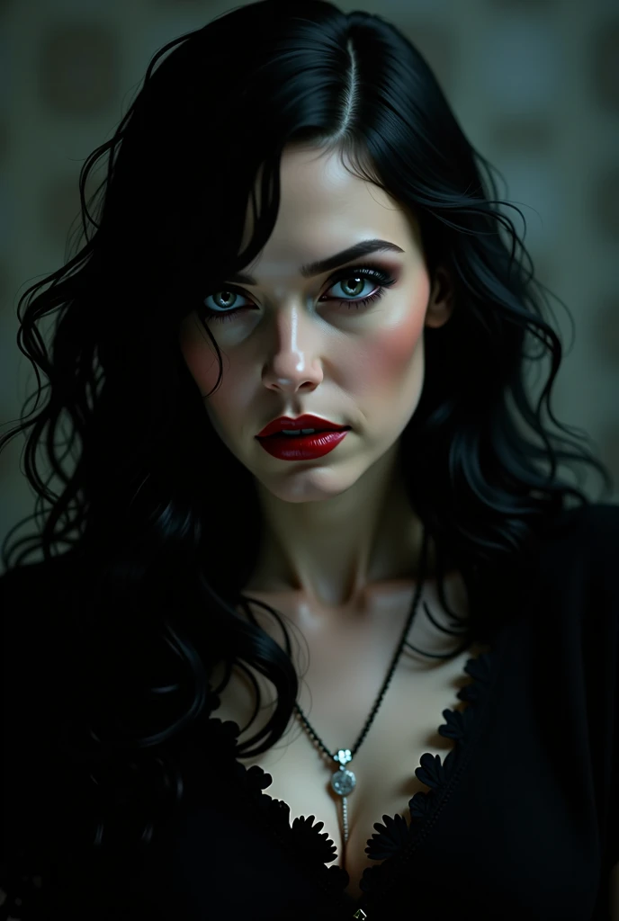 arafed woman with dark makeup and red lips in a dark room, portrait of a dark goddess, inspired by George Hurrell, dark hair and makeup, cinematic goddess close shot, sultry expression, sinister complexion, with haunted eyes and dark hair, 4 k glamour photography, portrait of megan fox as demon, vampire portrait, profile shot, portrait of a lady vampire