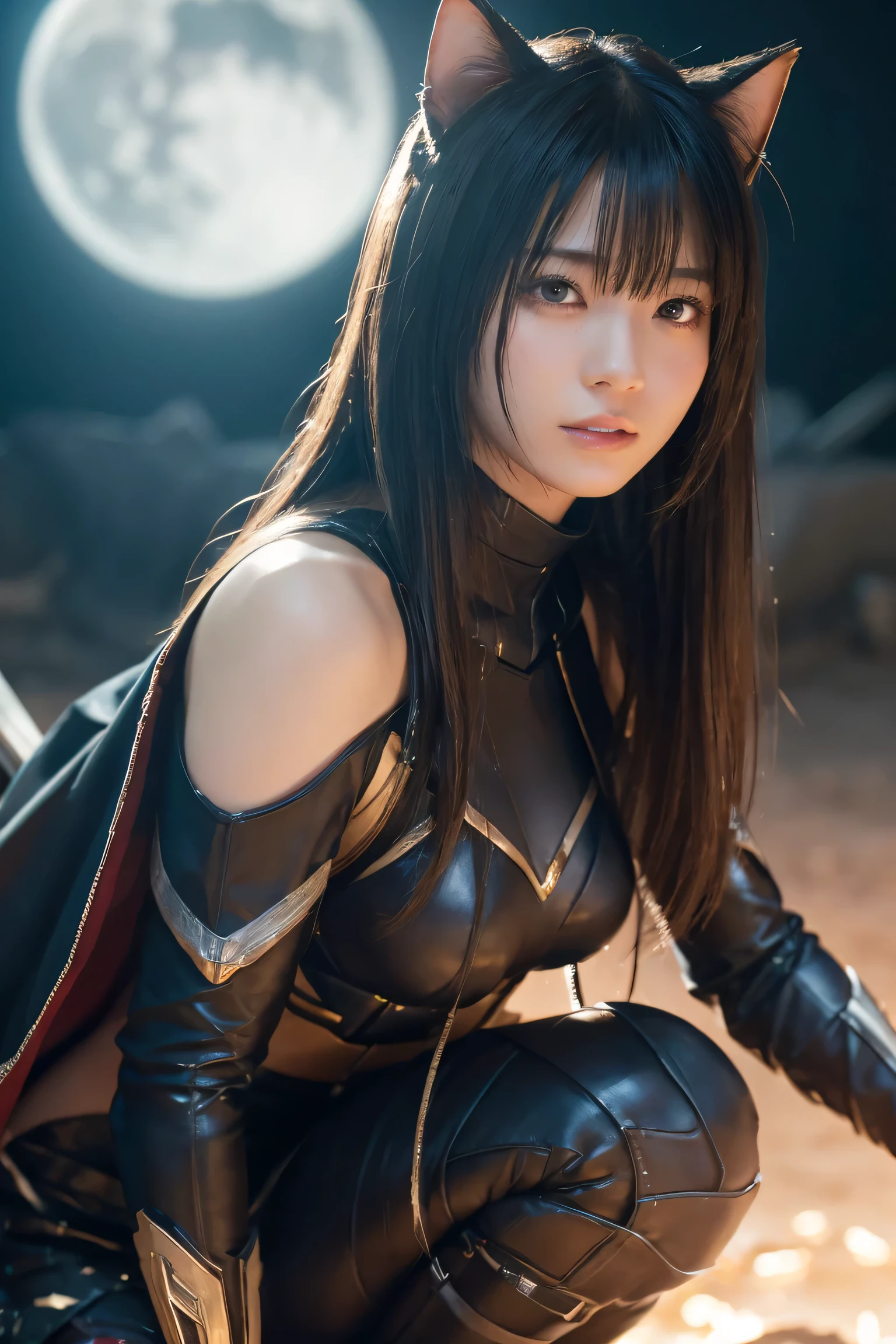 masterpiece, top quality, illustrations, Ultra Details, detailed depiction, high definition, 8K Wallpaper, perfect dynamic composition, beautiful detailed eyes、 Suetsu、Iron Armor、superhero、Kamen Rider、is crying、tears, very long hair、half up hairstyle with clothes、200mm, F2.8, PORTRAIT PHOTO 、bust up、Bokeh ball、Strong winds、Backlight、 strong backlighting 、(Large amount of :1.8)、wet hair、wet body、off shoulder、Darkness、inflammation、explosion、war、battlefield、night、moon、Off Chest、rain、豪rain、sword、双sword、dragon、Slash、Deadly Combat、white underwear、underwear with both knees spread out、Spaceship、Future、Cat ears