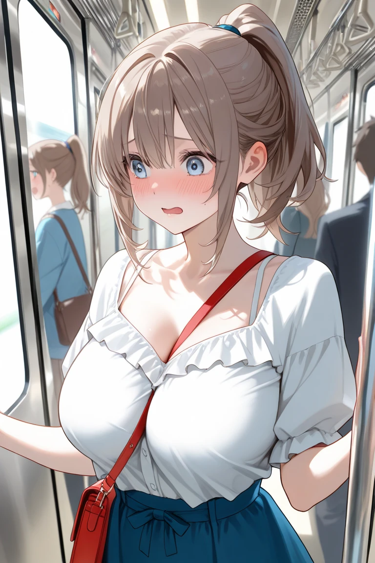 cute anime woman, solo, Mother, 40 years old, dark hair, brown eyes, tareme eyes, narrow eyes, moles around eyes, moles on chest, crossed bangs, medium hair, shaggy hair, hair between eyebrows, glamour, full body, detailed anime style, anime Painting, anime Face, high quality, high detail, super high resolution, sharpness, sharp contours, perfect anatomy, golden ratio, cowboy shot, denim pants, Smiling, Sweat, crowded train, Sweaty skin, sleeveless knit sweater, Open mouth, half-closed eye,