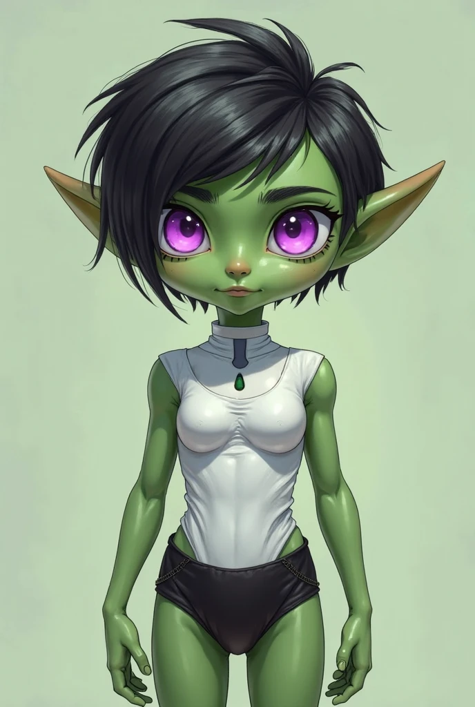 Realistic, humanoid, female, green skin, younger teen, dark hair, big eyes, farther apart eyes, shy, antennae, white skin right body suit