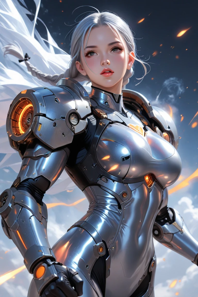 female fight scene、Powerful punch、Muscular And Glamorous Body、Lips are orange、SILVER BODYSUIT、Complex mechanical armor on  and shoulders、Mechanical Gloves、 Silver Hair、braids、strong wind is blowing
