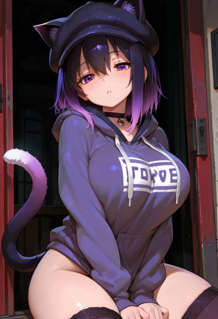 Wolf Woman, Big Breasts, Voluminous purple hair, masterpiece , Red eyes、Double teeth、tooth、Blushed cheeks、 hd, Head to Chest, buried in my chest、Underbust、Cleavage、hoodie、hot pants