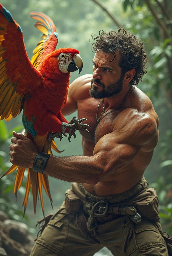 a well-built, muscular physique, showcasing his progress in bodybuilding. The man should be standing confidently in an outdoor setting similar to a tropical environment with lush greenery and palm trees. His arms should be flexed, highlighting his toned biceps and triceps, and his posture should emphasize his strong chest and defined abs. The man is smiling, radiating positivity and dedication to his fitness journey. Surrounding him, there should be a few colorful parrots perched on his shoulders and arms, adding a lively and vibrant touch to the scene.