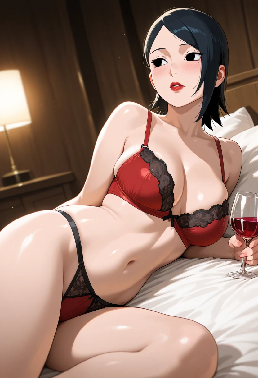 ((ultra quality)), ((work of art)), ((8k)), ((yor)), murderer,((Kizi)), alone, ((Bblack hair)), (beautiful  face), enchanting, ((happy facial expression)), looks at the camera with a slight smile, (white skin color), (Caucasian skin), body shine, ((beautiful detailed female eyes)), ((Eyes red)), (beautiful female lips), (dark eyeliner), (beautiful female hands), ((ideal female figure)), ideal female body, beautiful waist, beautiful hips, medium breasts, (cloth: red sweater, ((high thong panties), ((subtle and beautiful)), standing, lies sedately, ((Depth of field)), ((high quality clear image)), (clear details), ((high détail)), realistically, ((Focus Clear)),cute, アニメ.
