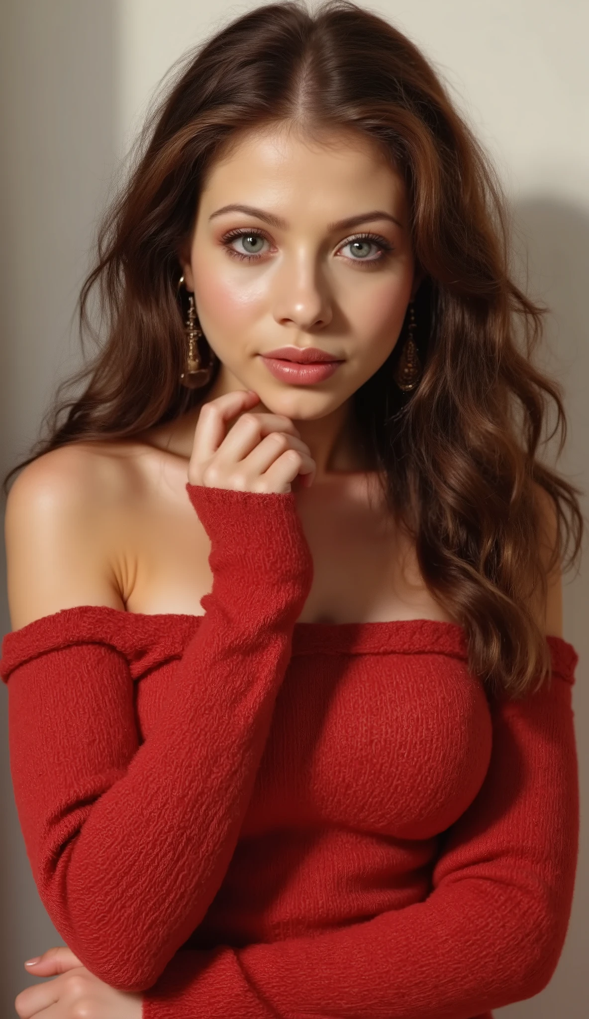 "White background ,She (((Michelle Trachtenberg))) wears a Red sweater with off-the-shoulder sleeves and long sleeves extending past her wrists against fair skin glowing in soft golden light. Her hair cascades down her back as she gazes directly at the viewer with closed lips and shining bright eyes ,Gently caress the face with your hand., highlighting her beauty, elegance, and cultural heritage. The cover reflects a sophisticated fusion of traditional Japanese aesthetics and modern fashion, embodying the FuturEvoLab style for an impactful and visually stunning cover,Dinamic Dramatic.detailed eyes, sideboob.