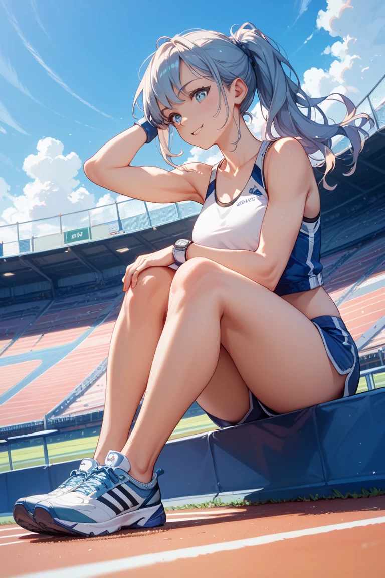 girl with,full body Esbian,White hair,e Blue Eyes,,Shy,,(()),Medium Hair,gymnastic suit,Run on the playground,Hair in one eye,