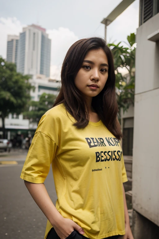 beautiful Korean woman wearing a hijab, wearing a yellow crop top t-shirt that says DAUN BUNGKUS PAPUA, holding a large and long eggplant, at the end of the eggplant there is thick white melted milk, white background