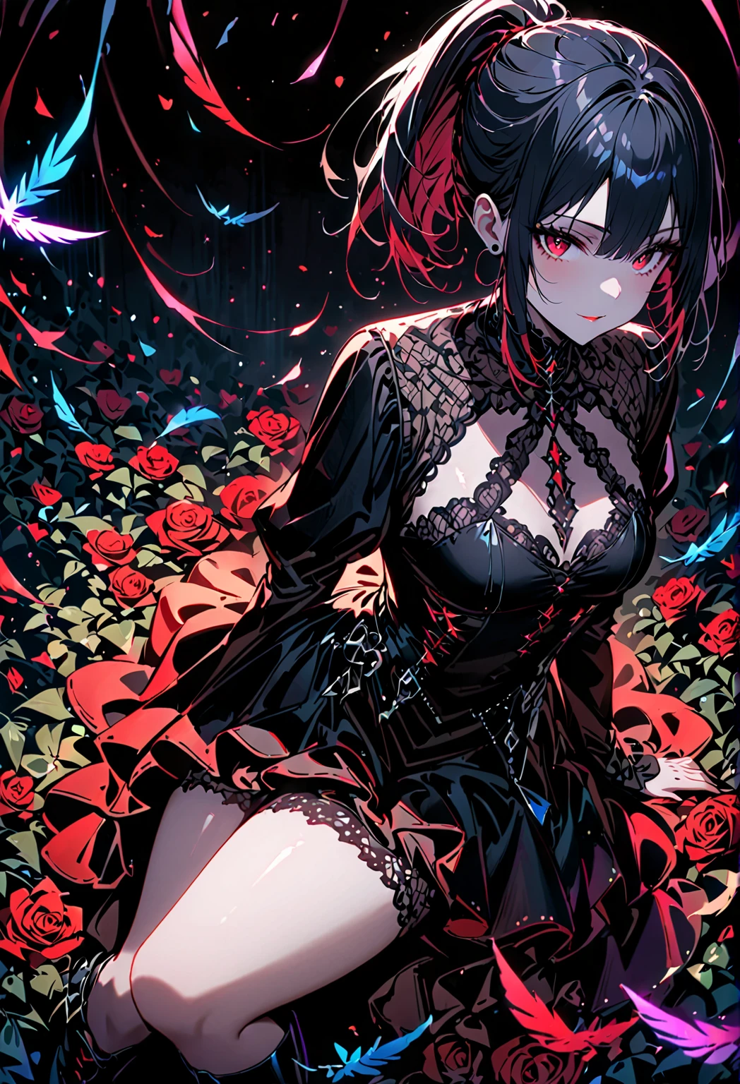 (high quality, 8k, 4K, high contrast, artwork:1.2, high quality, best aesthetics), ((1 woman)), erotic, sensual, mature body, super detailed, beautiful face detailed, beautiful eyes detailed, detailed beautiful mouth, perfect breasts, wide thighs, sexy body, (long straight black hair), (black eyes), (black lipstick), (black eyeliner), (black eyeshadow), (calm expression), (penetrating gaze), (black cat ears), (black cat tail), (short black dress with short ruffled skirt and long sleeves), (centered), (looking at viewer), (standing), (hands hidden behind the back)