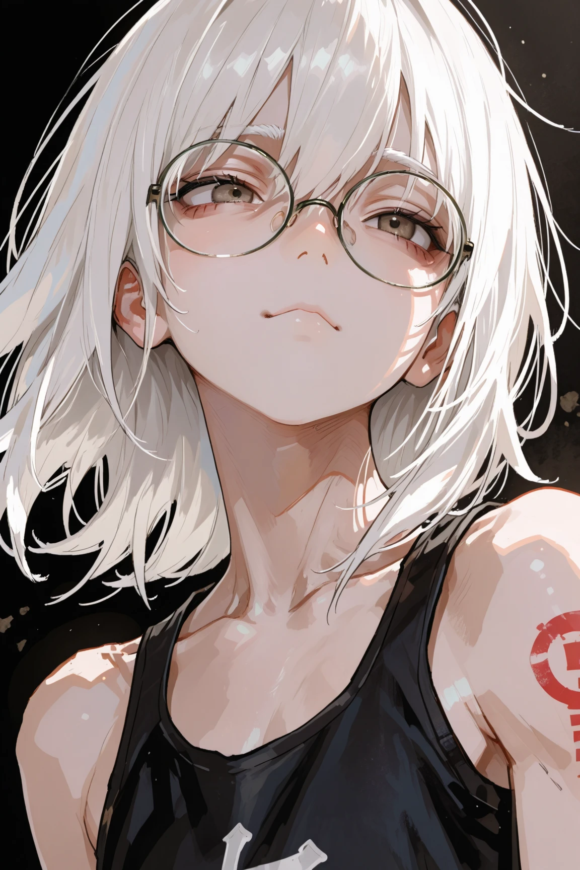 1 adult anime girl, hair color - white, hairstyle - bob, elven ears, stern eyes, eye color - red, glasses, embarrassed look, closed full mouth, face covered in sperm, bare breasts, T-shirt raised, white T-shirt, bulging breasts, miniskirt lifted, panties visible, tight panties, protruding vagina, stockings, high black heels, rich colors, studio light, natural light, lots of detail, high quality image, detailed eyes, random pose