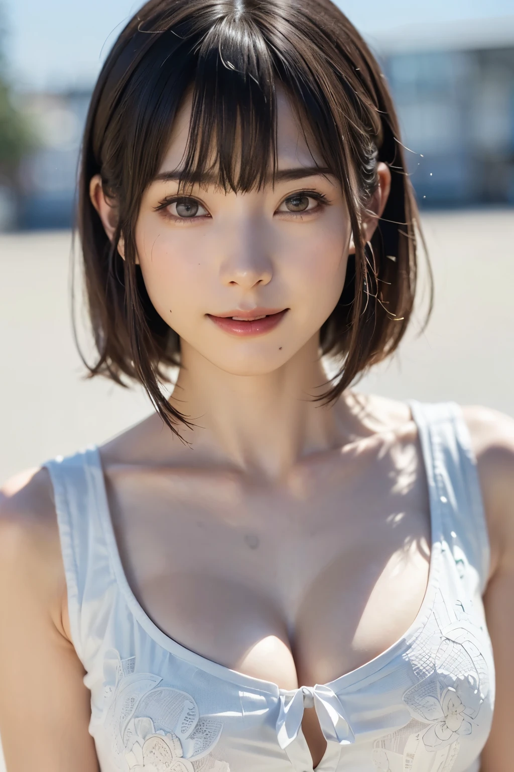 ((perfect anatomy:1.5,realistic:1.3,RAW photo:1.3,masterpiece、highest quality、Ultra - High resolution、High resolution、Detailed CG、8K)),cowboy shot,1 female,alone,dancer,18-year-old、high school girl beautiful girl,Japanese,((beautiful detailed face and eyes:1.2,big and gorgeous eyes:1.2,gray eyes)),dark brown hair,short bob hair,bangs,medium breasts,slender body,small head:1.3,skinny,(oily skin,glowing skin,shiny skin、Sweat),、plaid pleated mini skirt,on the road,Harajuku、Tokyo、
