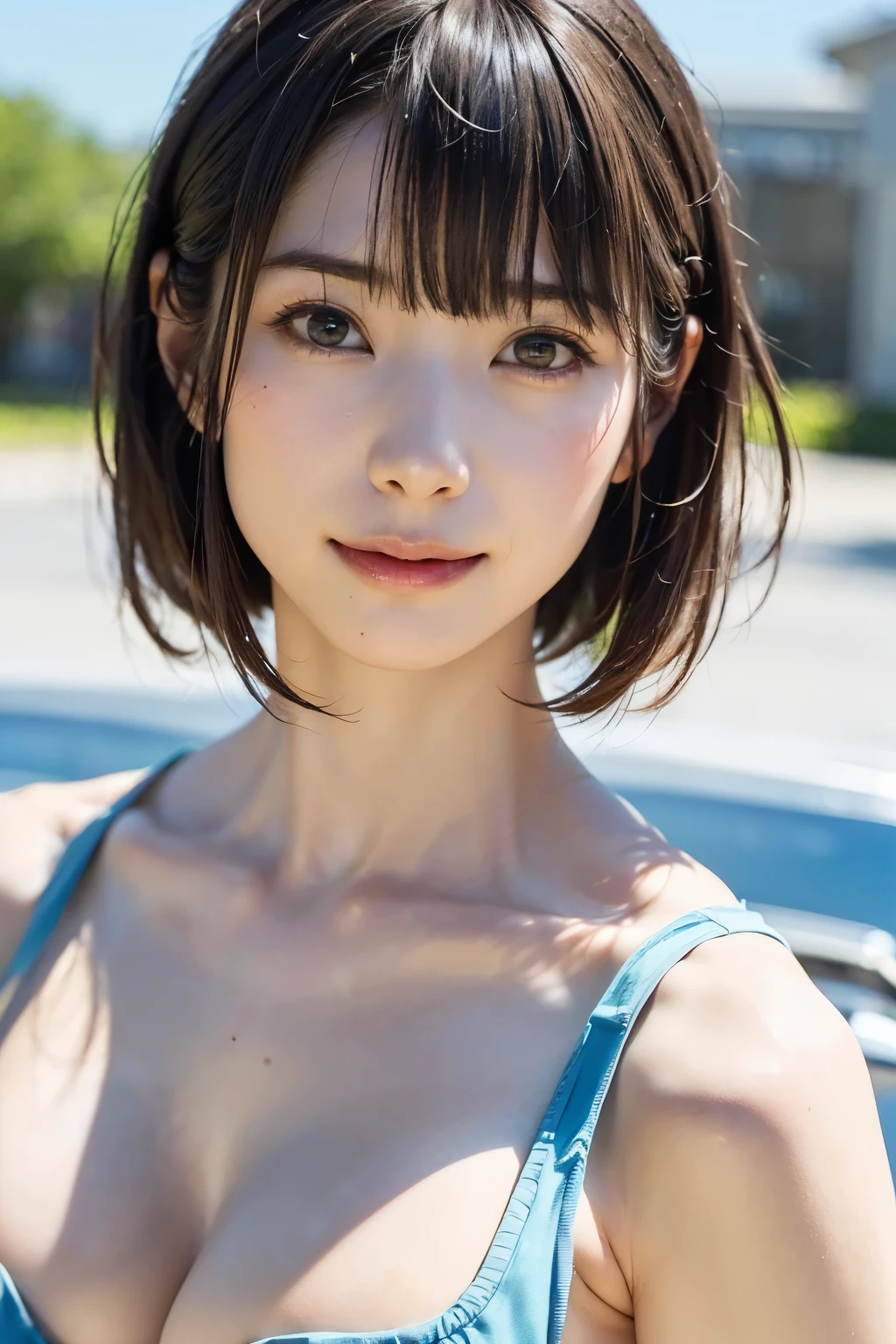 ((masterpiece)), ((Highest quality)), ((Complex)), (Realistic), (Very detailed), (1 female), Middle age, Beautiful and detailed, (Beautiful Teeth), double eyelid, eyelash, Grin, Brunette Bob Hair, Brown eyes, (bikini), (background: none), backgroundぼかし, Perfect Eyes, Captivating eyes, Looking at the audience, from before