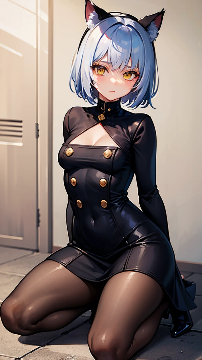 BDSM、Queen、mistress、(((One girl)))、solo:1.8、(((Black latex elbow gloves:1.4 )))、(((Black latex corset dress:1.4)))、(((The corset dress is decorated with beautiful lace.)))、(((Corset dress with shoulder straps)))、(((Black latex tight mini skirt:1.4)))、(((Black Thigh Boots)))、(((Black fishnet stockings:1.2 )))、(((Stiletto heels:1.4)))、(((Black latex panties)))、(((Black latex bra)))、(((Black leather collar)))、(((Sexy pose:1.4 )))、Wide-open legs:1.2、(((Erotic)))、(((Cowboy Shot)))、Rayanami, Rei Ayanami, (Ayanami Rei:1.2), Blue Hair, short hair, (Red eyes:1.2),indoors, classroom, looking at viewer, (Cowboy Shot:1.5), (masterpiece:1.2), Highest quality, High resolution, unity 8k wallpaper, (figure:0.8), (Beautiful attention to detail:1.6), Highly detailed face, Perfect lighting, Highly detailed CG, (Perfect hands, Perfect Anatomy),(((smirk)))、blush