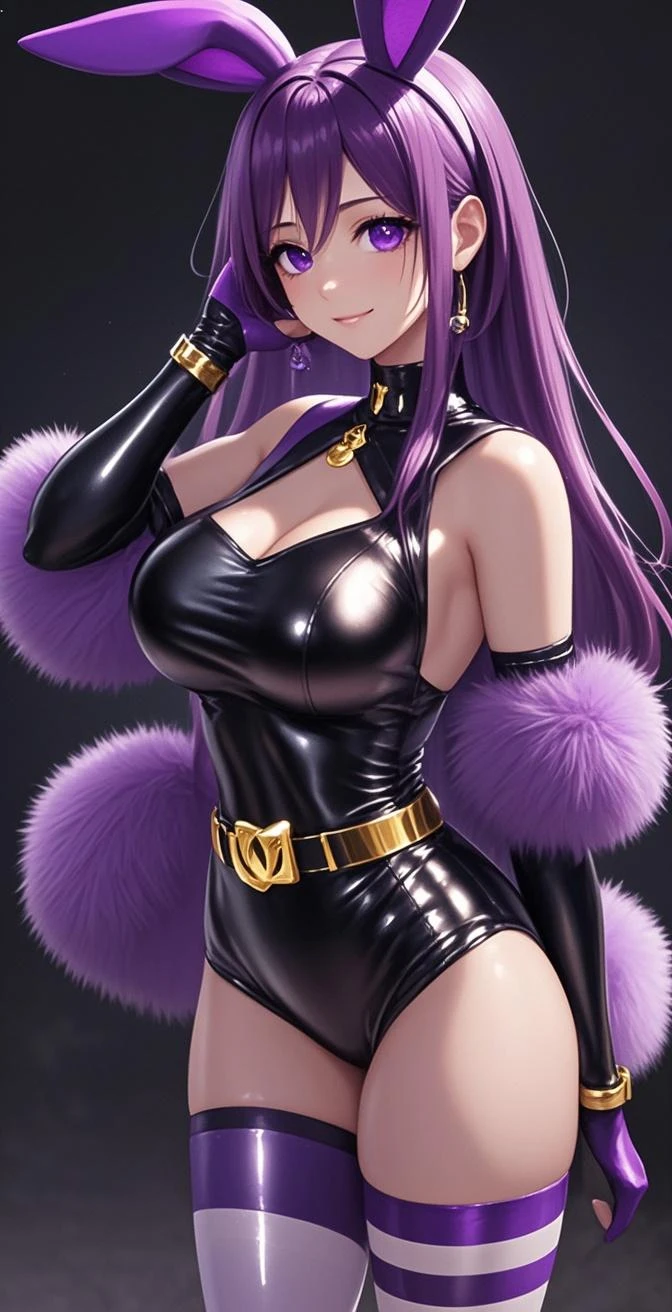Black long hair, yellow eyes, cat girl, purple blouse, long black tail, claws, black leggings, medium bust, full body