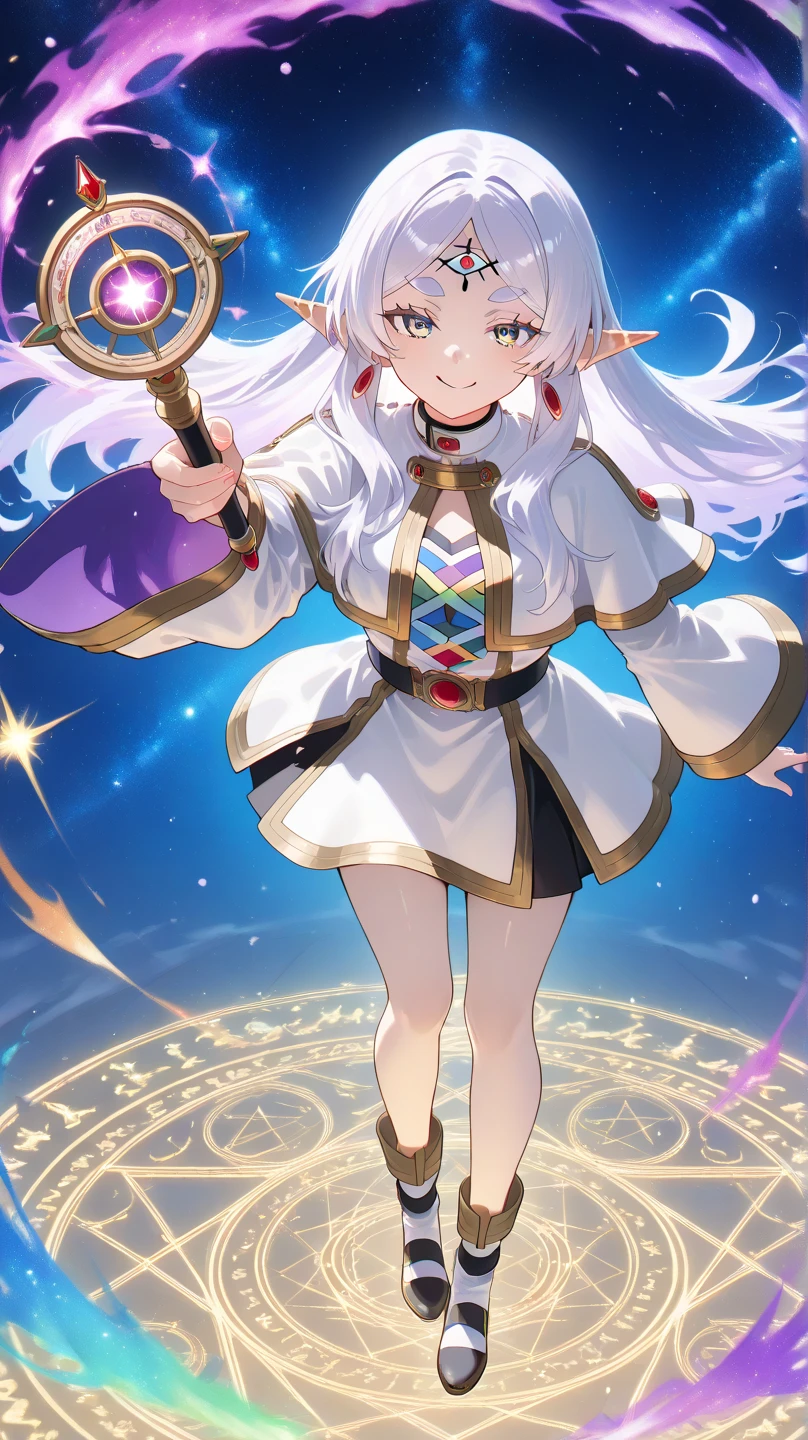 masterpiece, best quality, 8K resolution, Dress,Best Quality, High resolution, Unity 8k壁纸, (Illustration:0.8), (Beautiful detailed eyes:1.6), extra detailed face, Perfect Lighting, extremely details CG, (Perfect hands, Perfect Anatomy),masterpiece,high resolution,perfect anatomy,cinematic lighting,anime keyvisual,beautiful detailed eyes,best quality,unity 8k wallpaper,super detailed skin,white skin,
Frieren,1 girl, earrings, goblin, long hair, long sleeves, pointed ears, alone, twin tails, green eyes, earrings, gray hair, looking at the viewer,all fours,crawling,
white capelet, Knee-high boots, brown footwear, ((white stockings )),nsfw,(((white lace decorated panties))) ,lift skirt ,cowboy shot,(((white lace bra))),(((on the magic circle))),magic background ,thighs,magic circle,(((upskirt))),