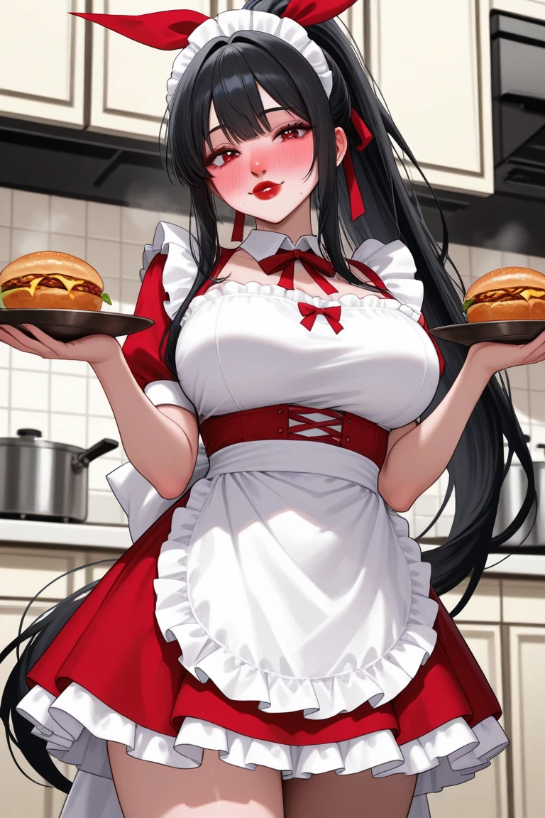 One Woman、beautiful girl、waitress、20-year-old、Side Ponytail、restaurant、waitressの制服、Short skirt、Black Pantyhose、Holding the tray、Highest quality, smile,, Big Ass、Big Breasts、Very big boobs、Place your breasts on the tray、 sink into the tray、Empty tray、Place breasts on the tray、Boob Tray、Tray under the 、front