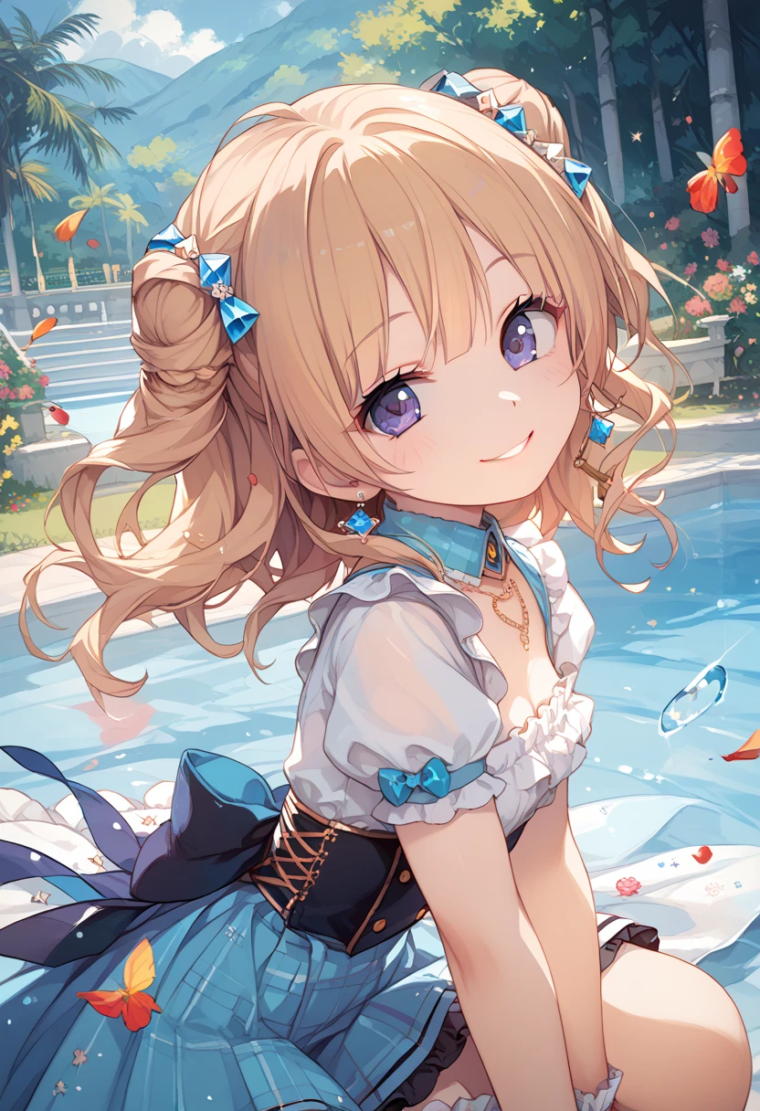 Solo girl, comical, kawaii, Blue eyes, light brown hair, high long twintails, (yellow shirt 1.5), (yellow princess dress with blue 1.5), open mouth smile, view from back, looking somewhere, focus her work, posing, sexy, high-resolution image, masterpiece, high quality, attractive eyes