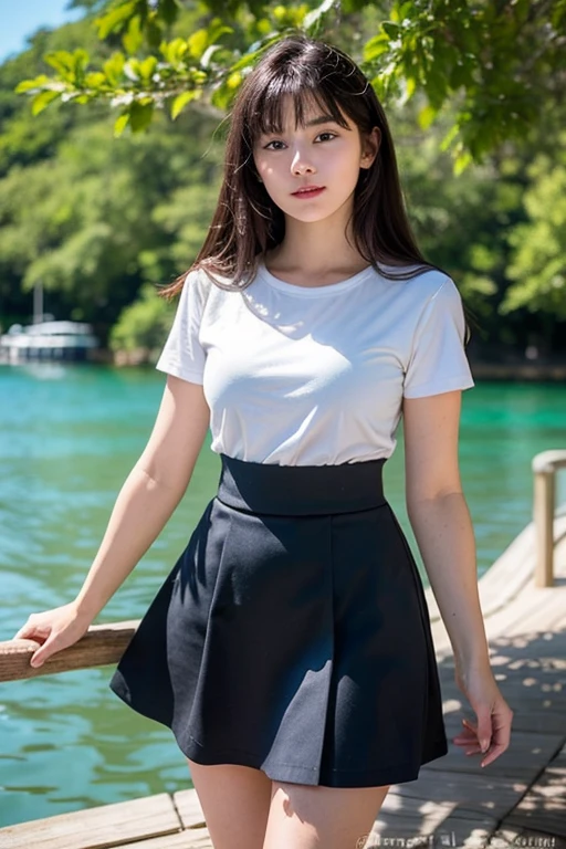 8K RAW photos, high resolution, 19-year-old Japan, very big round breasts, trained abs, very short t-shirt, skirt, eyes beautiful in detail, long eyelashes, beautiful double eyelids, eye shadow, slit eyes, elongated eye shape, Sanpaku eyes, dark eye makeup, evil smile, beautiful thin legs, random short hair, hair tied behind the head, earrings, necklace, bright brown hair, Poolside, rooftop pool, arm in arm