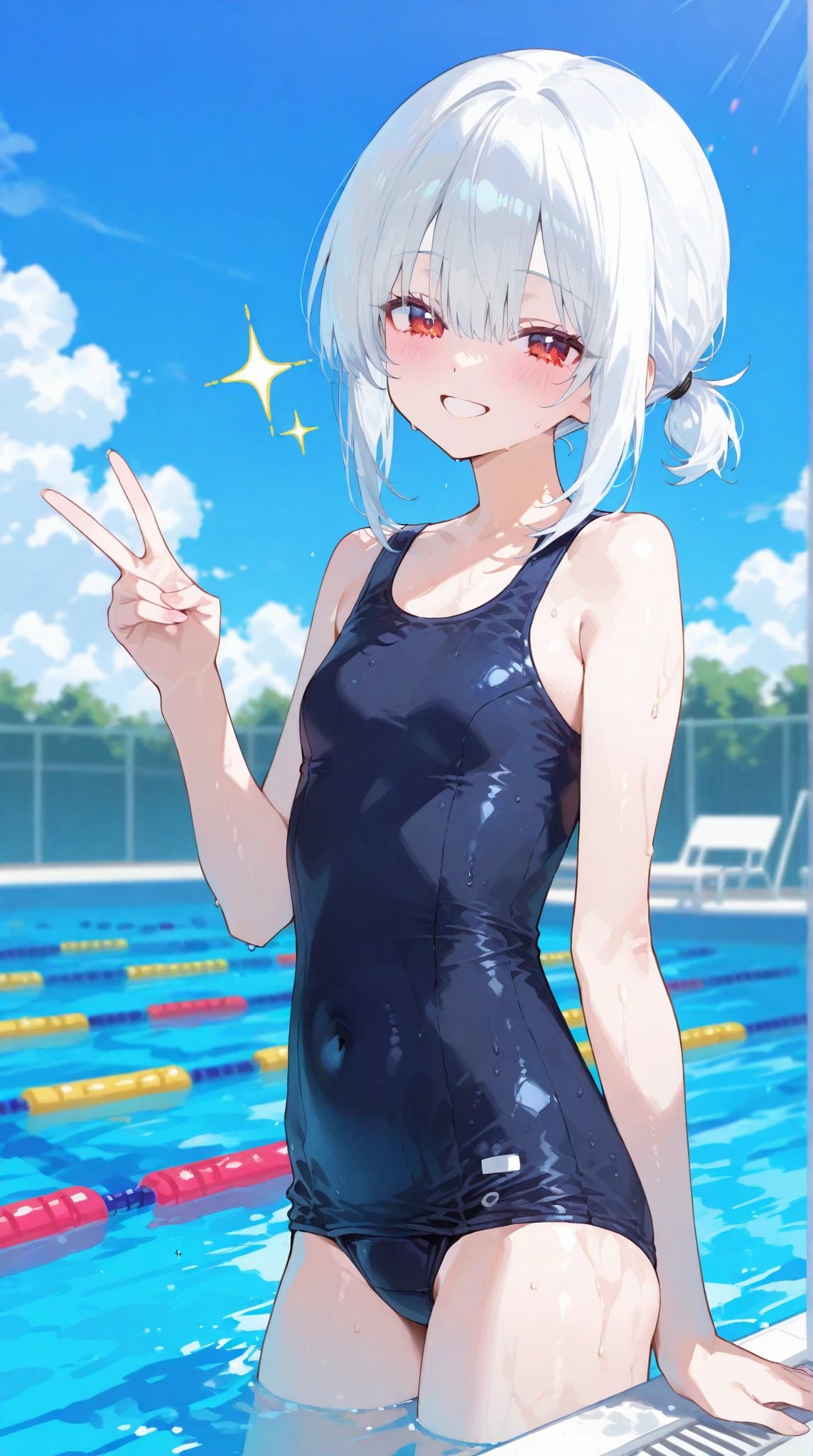 ((((masterpiece, best quality, high resolution)))), 1girl, white hair, red eyes, short wavy hair, average breasts, blush, light smile, parted lips, glow, thighs, bare shoulders, collarbone, narrow waist, cleavage, (beautiful detailed face, beautiful detailed eyes), (volleyball court, volleyball uniform, sweat, dripping wet, wet clothes, see-through)