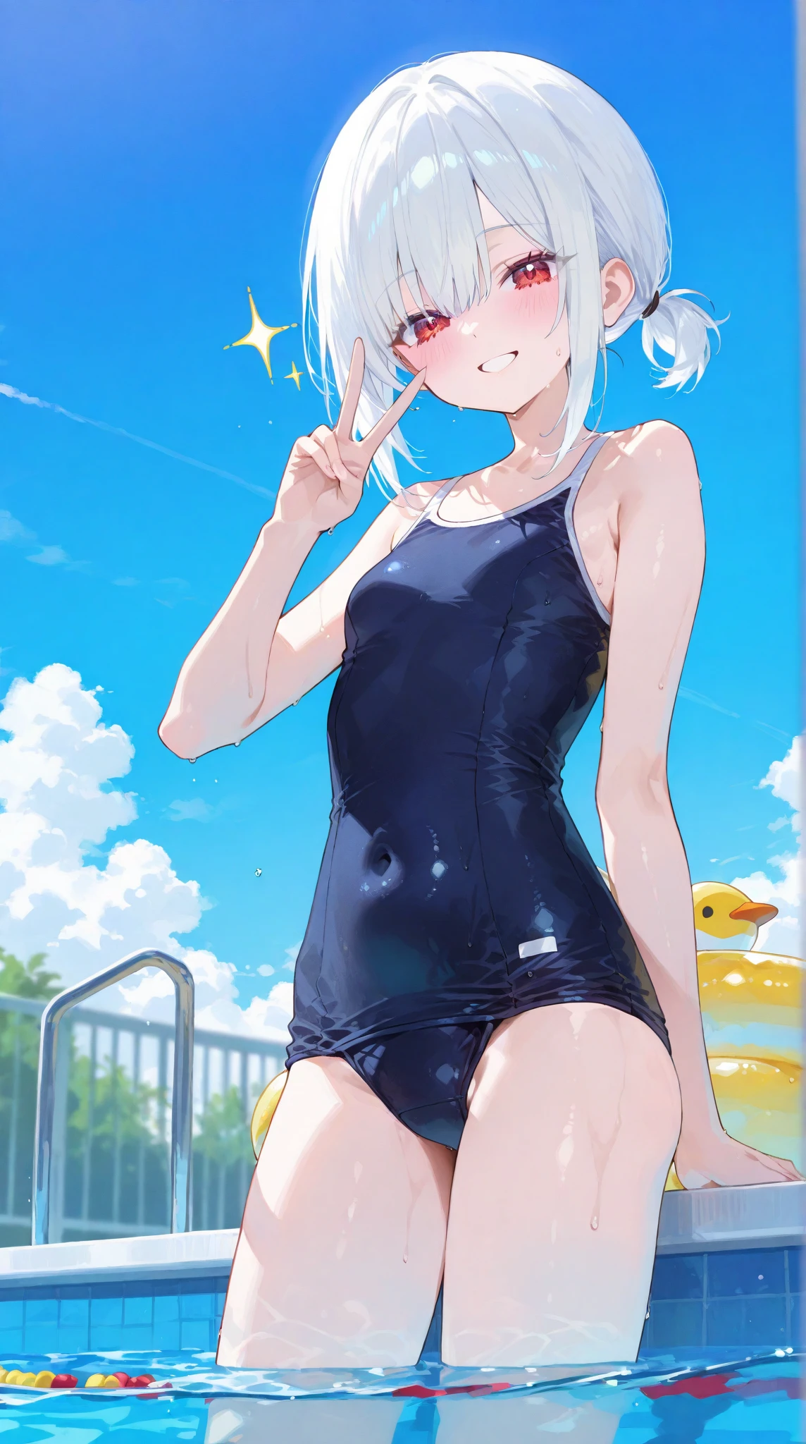 top-quality, Pixiv Contest Winner,BREAK,Full limbs, complete fingers, Slender beauty, Solo, Small eyes, embarassed expression, white school swim suit, knee high, Bery short hair, hime-cut,BREAK,Ultra-detailed,High resolution,super detailed skin,8k eye details, (Cute illustration:1.2),
