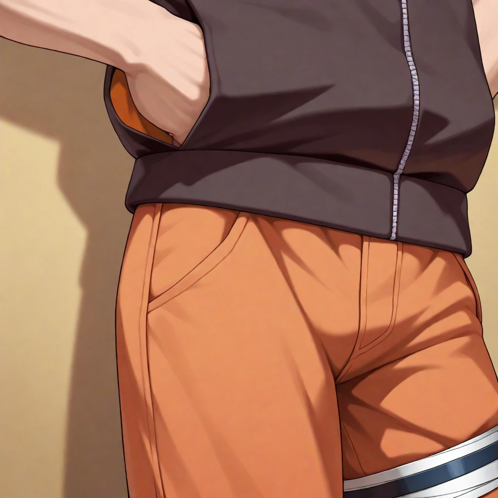 College boy. Boy. Male. Short hair. He is a handsome man, very disciplined and studious. He has a slim toned body and a thick rear, wears a black short short, making his voluminous large ass stand out. Orange crop top. Black messy hair. High quality. Bending over, leaning, rear pointed at camera, looking back, eating a burrito. Orange LED bedroom.