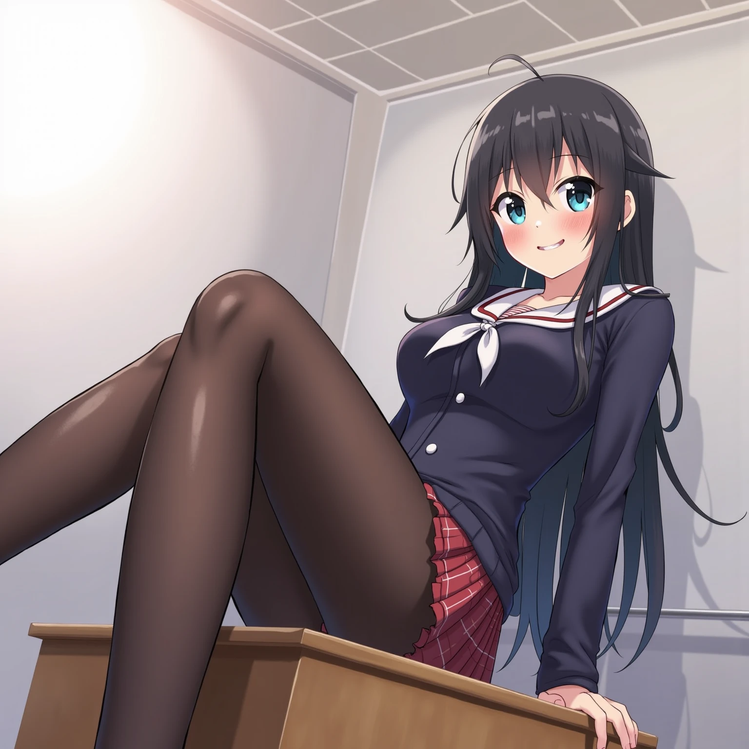 Anime girl with long gray hair has very small breasts very tight uniform big ass, matona, sonrisa, Classroom