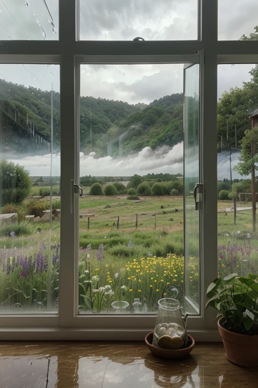 a view from a window, meadow, with rain sprinkle on the window glass, realistic, photorealistic, 4K, HDR, studio lighting, extremely detailed, vivid colors, lush green meadow, rolling hills, grey rainclouds, water droplets on glass, glass window frame, warm natural light, impressionist landscape, oil painting