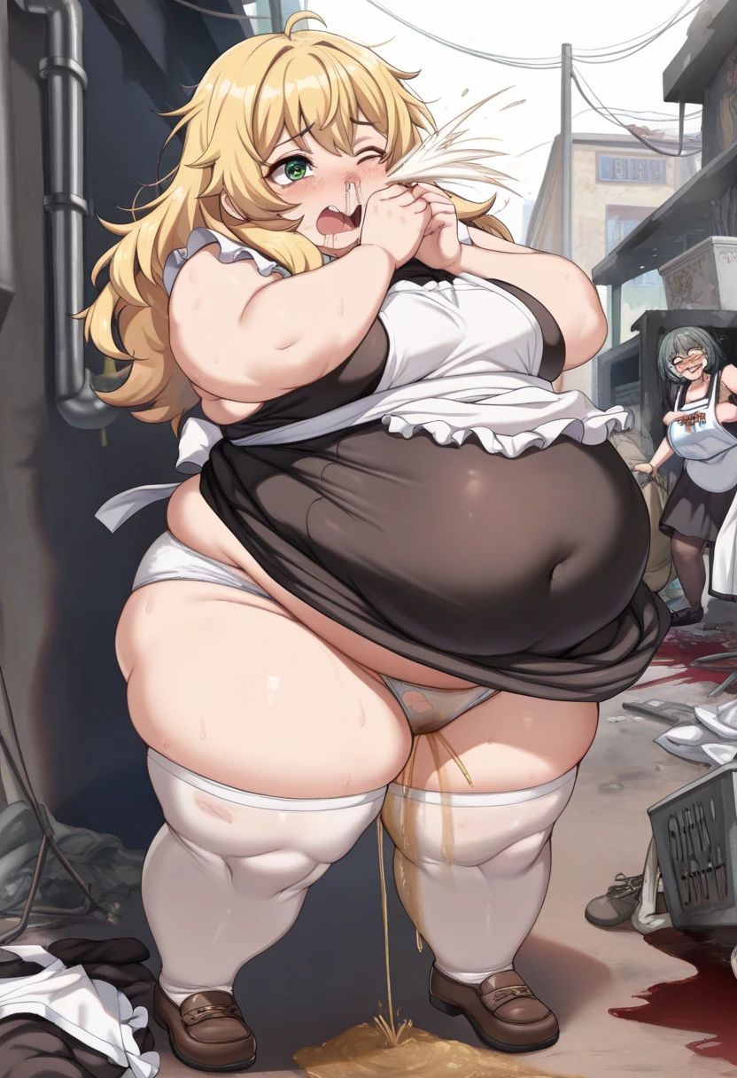 Anime. 1 girl. 1 girl with two heads. . Lovely girl. Siamese twins. Two heads. Slave. Blonde. Long hair. Wavy hair. Green eyes. Beautiful eyes. Perfect eyes. Expressive eyes. Ideal face. Beautiful nose. Snotty nose. 16 years. Big breasts. Beautiful breasts. Cold. Runny nose. Snot. Snot flows from the nose. wants to sneeze. I have to sneeze. A strong, desperate desire to chew. She sneezes. Handkerchief in hands. Covers his nose with his hands. Blows his nose. Urinary incontinence. Wants to pee. I need to pee. A strong, desperate urge to pee. She peed herself. Diarrhea. Wants to poop. I need to poop. A strong, desperate urge to poop. She shit herself. Diaper. Dirty diaper. Thick body. Thick long legs. Thick arms. Big fat belly. Fat butt. Body with two heads. Dirty tunic. Torn tunic. Slave collar. Shackles. Standing. Full height. Fantasy city. Street. Slave market. Many people. Blush. Tears in my eyes. Cry. Beautiful character design. Shiny skin. Whole body. NSFW. Scat. Official art. Extremely detailed CG Unity 8k wallpaper. Ideal lighting. Ultra high resolution 4K. Super detailed 8K resolution. A high resolution.