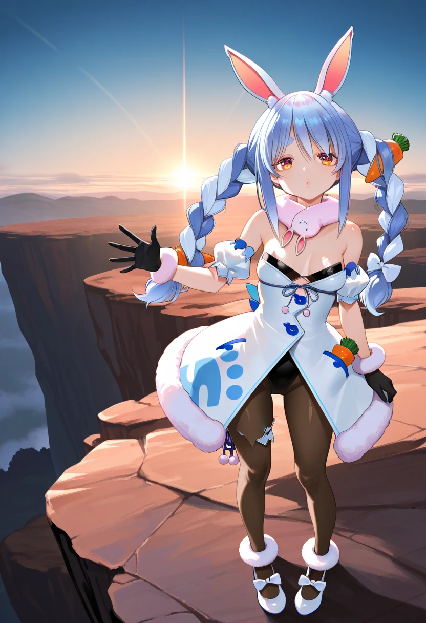 A girl wearing a white dress, long blue hair, custom bunny ears, on a white platform, with the sea around her, open sky with some clouds, blue eyes, smiling, big breasts, hills in the background,HDR, ultra resolution, well defined, masterpiece, 8K HD. (solo woman)