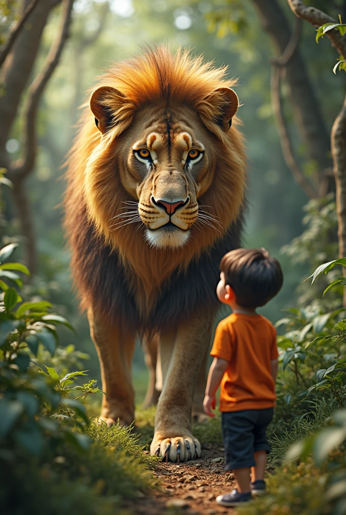 A boy in a coat and hood stands next to a full-bodied lion, fundo escuro, cinematic lighti, adobe lightroom, altamente detalhado, dof em um circo