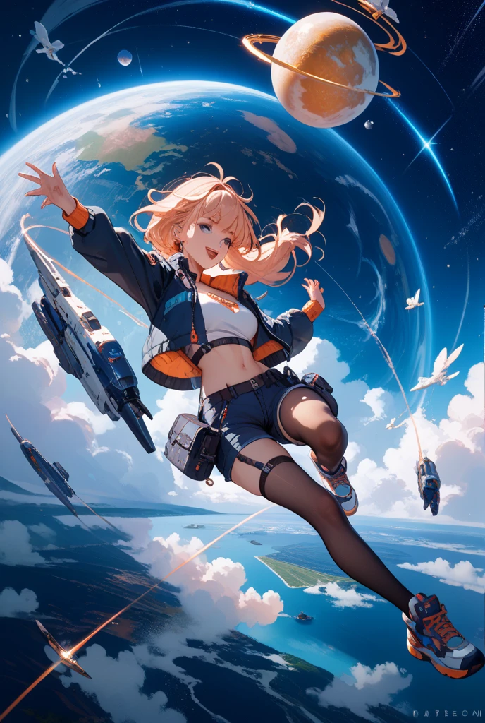 (solo:1.2), 1 childish girl standing in space ship, zero gravity, galaxy in distance, military uniform, too short skirt, (short orange hair), (very long sidelocks), narrow shoulders, narrow waist, skinny long legs, thigh gap, pigeon toed, (nsfw:0.8), orgasm, show off vagina squirting out pussy juice