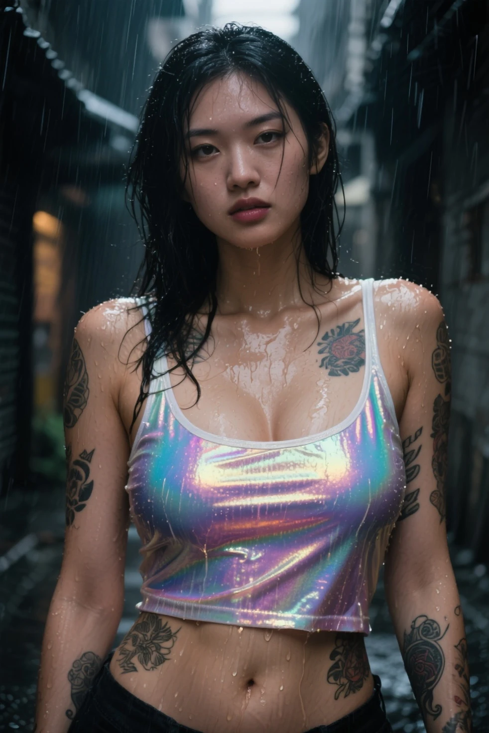 masterpiece, best quality, (photorealistic:1.4), ultra-detailed, (detailed skin, detailed eyes), 8K, RAW, ((beautiful japanese girl with completely blue hair and long hair)), perfect body, 20 years old, professional photoshoot, <lora:add_detail:1.2>, in backyard pool, in water, half body, white t shirt, See thru wet t shirt, wet, wet body, wet hair, <lora:Wet T shirt by Stable Yogi:1>