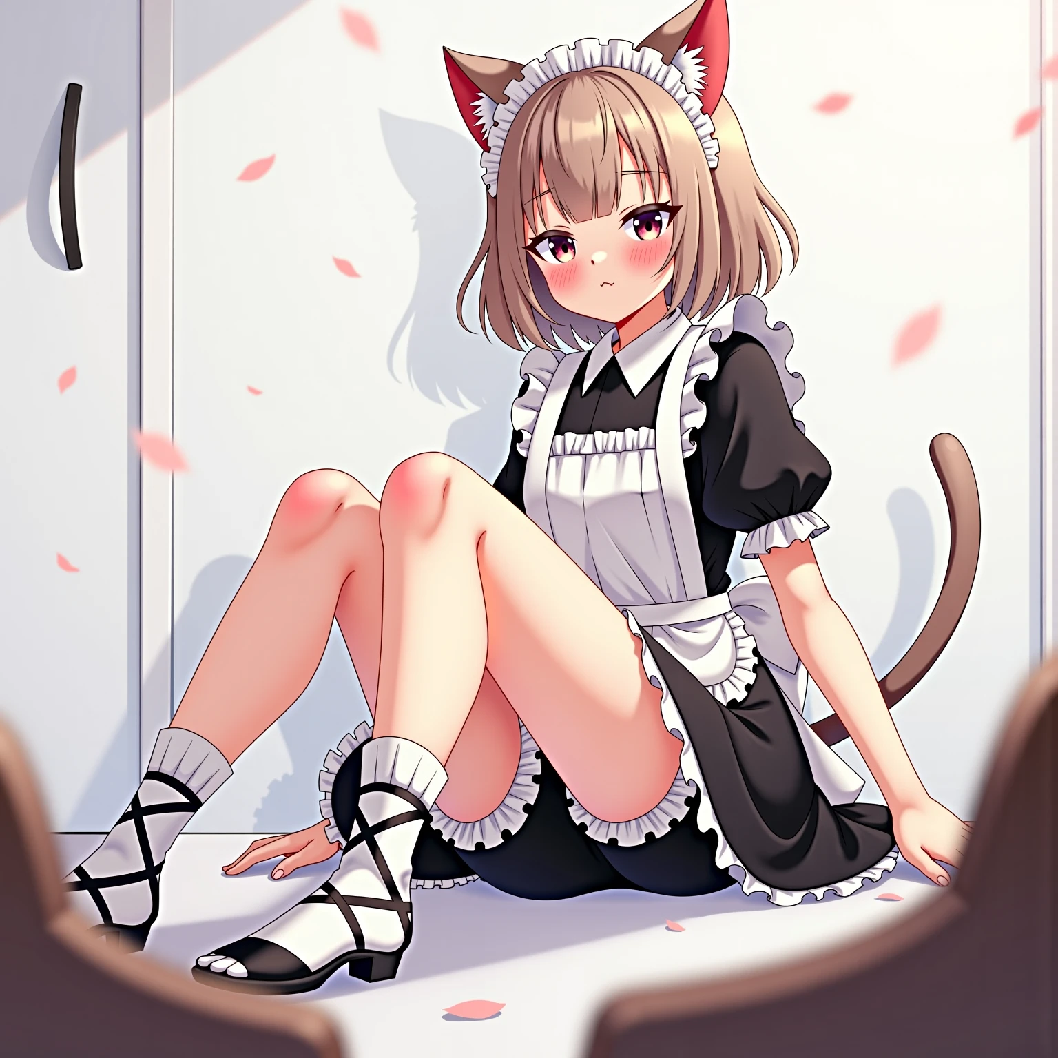 masterpiece, (Best Quality:1.4),(Perfect Anatomy:1.4), High Quality, very_high_resolution, Ultra Detailed, large_filesize, Full Color, Detail, 8K, 4K, High Resolution,Symmetrical,Extraordinary, Best Aesthetics, New, Latest, Very Detailed, Anime, Detailed Beautiful Face and Eyes, Very Detailed Body, Very Detailed Hair Lovely Hands, Perfect Hands, Beautiful Hands, One Girl, Cat ears, (big breasts, brown hair, semi-long hair, twin-tailed hair, light smile: 1.5), (girl sitting upright on a tatami mat in 3 tatami mats, metallic pink maid bikini: 1.4), (from above, looking forward, cowboy shot: 1.2), (mouth open, 17 years old, brown hair, short hair, cat ears, aqua eyes, barefoot, slender girl), ( 3 Japan apartment, daylight, light),