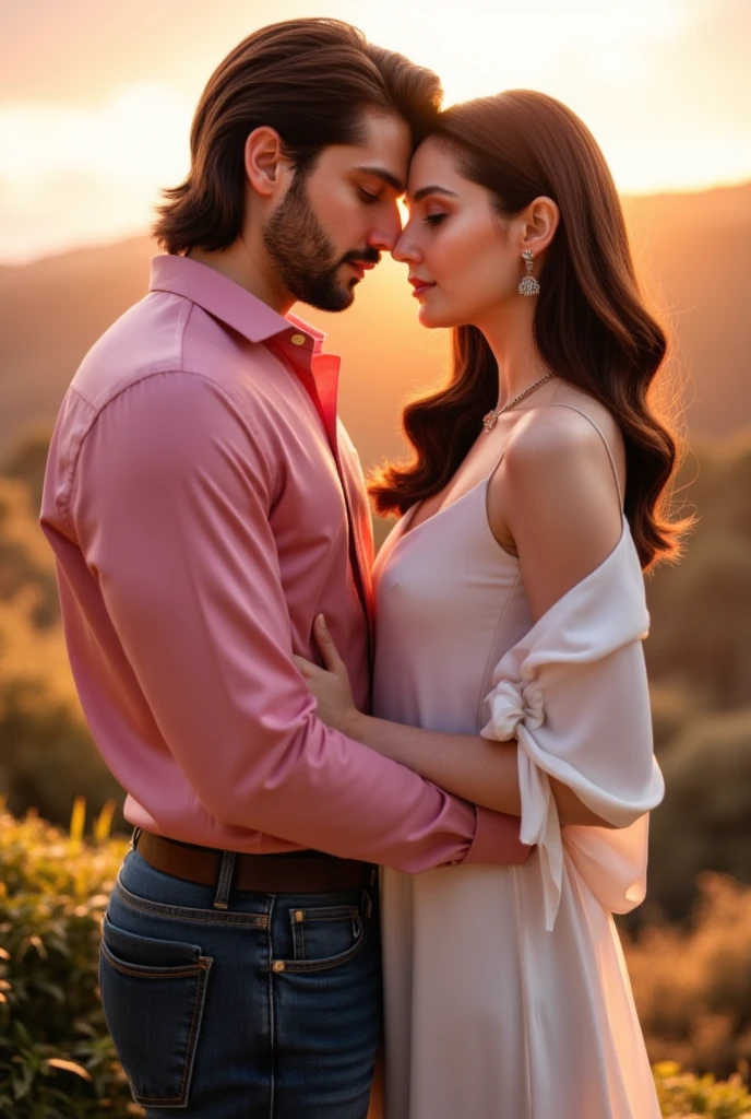 Um casal com a menina de cabelo rosa uma menina com fones de ouvido e uma camisa rosa, e um menino de cabelos pretos, com fones de ouvido preto, Embraced