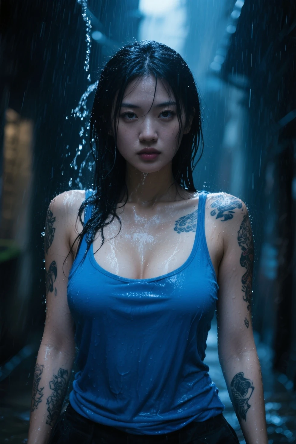((Full body portrait of a woman,The ruins of an alley in the background，Leaning and collapsed building，There is muddy water on the road，Underwear Rain，The woman got wet。The woman has the face of an Asian goddess，长发扎着高High Ponytail，Wearing wet yoga clothes，Woman kneeling on the ground，She looked up at the camera.。))，((8k+Ultra-high resolution+Ultra-high definition+masterpiece+Very detailed+Awards+The award-winning)),(Perfect face+Supermodel+Delicate skin+High Ponytail+Huge breasts+Perfect hands+Beautiful hands+Perfect hands指+Beautiful hands指+Perfect legs+Perfect feet),[[[muscle]]],(((Anatomically correct))) ，The picture is extremely sharp，The details are meticulous，High-quality；Clever light handling，Create a dramatic atmosphere；Brushstroke Master，Impeccable professionalism，A haunting work of art。