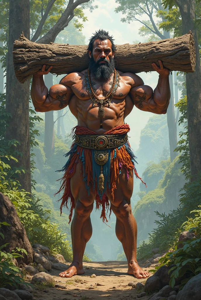 One man with 21 feet height and sixpackbody and good personality,standing in the middle of the forest holding a big axe on his hand ,besides the river and a wooden house observes a dead body of old bramhana pandit and feeling angry of people and sea that died person with angry face